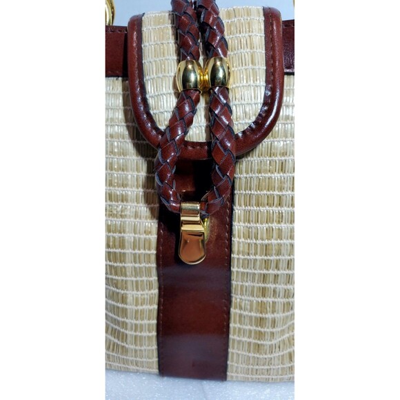 Vintage Kaela Straw Purse Brown Leather Trim Shoulder Bag Unique Closure - Picture 3 of 15